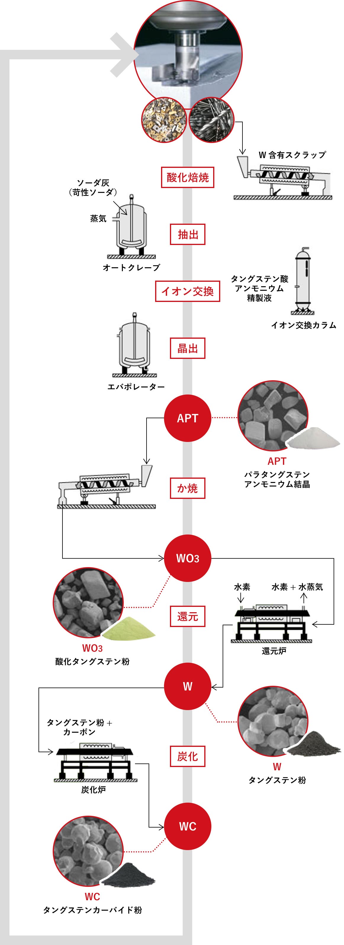 W含有スクラップ 酸化焙焼 サーダ灰（苛性ソーダ）蒸気 オートクレーブ 抽出 イオン交換 タングステン酸アンモニウム精製液 イオン交換カラム エバポレーター 晶出 APT パラタングステンアンモニウム結晶 か焼 WO3 酸化タングステン粉 還元 水素 還元炉 水素+水蒸気 W タングステン粉+カーボン 炭化 WC タングステンカーバイド粉